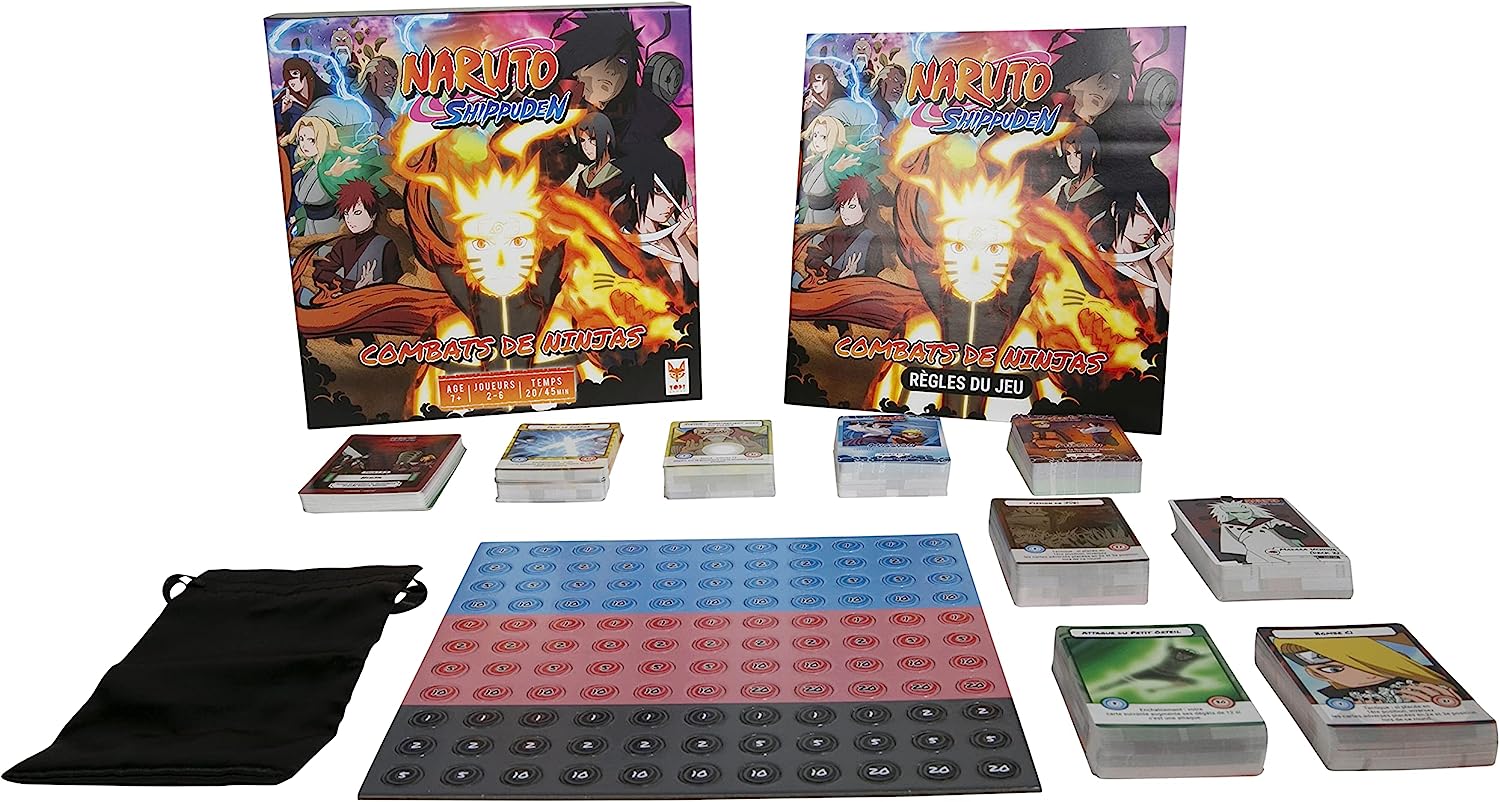 Vue des cartes et jetons du jeu de société Naruto Le Combat Ninja de Topi Games
