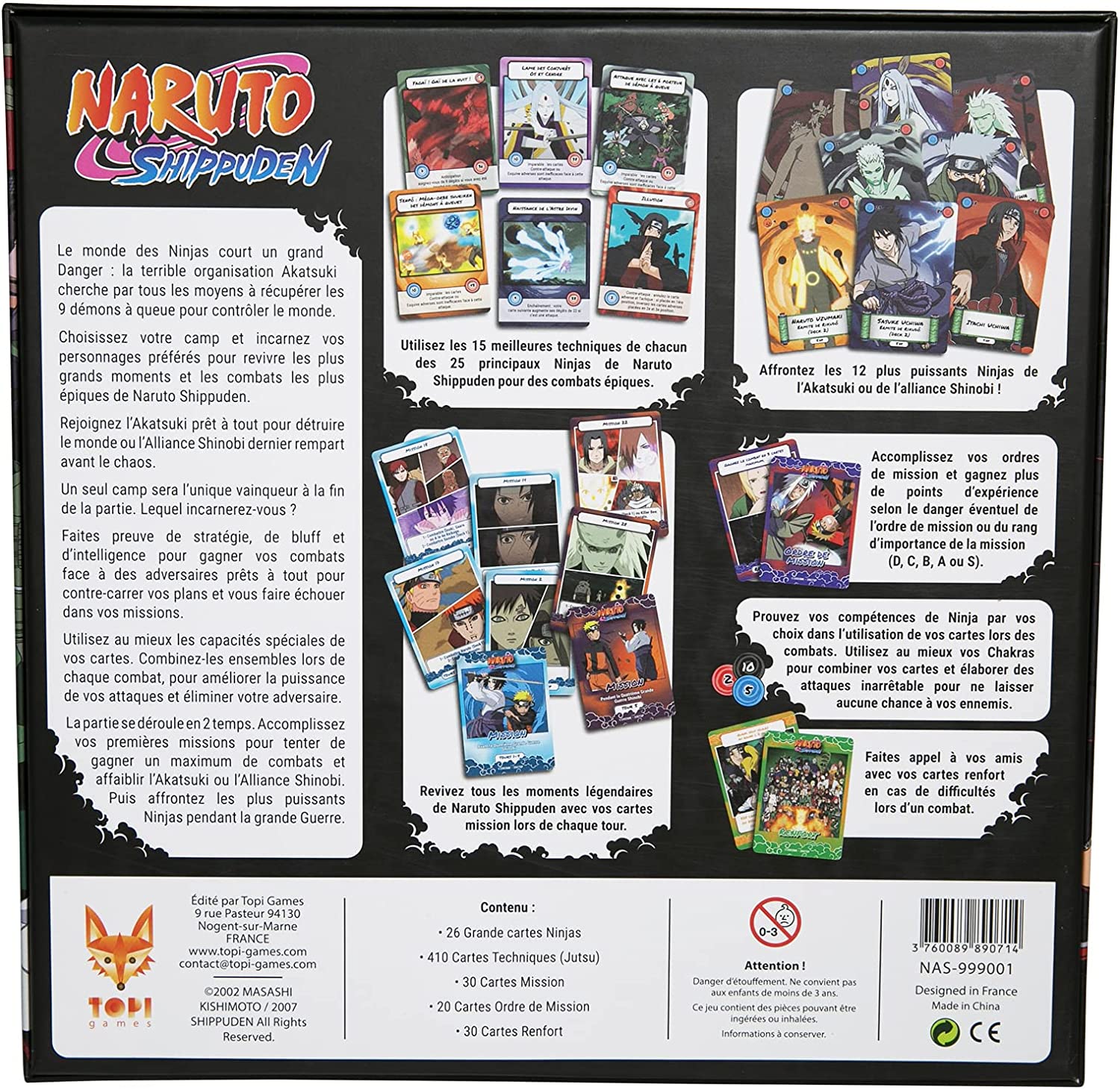 Vue arrière de la boîte du jeu de société Naruto Le Combat Ninja de Topi Games