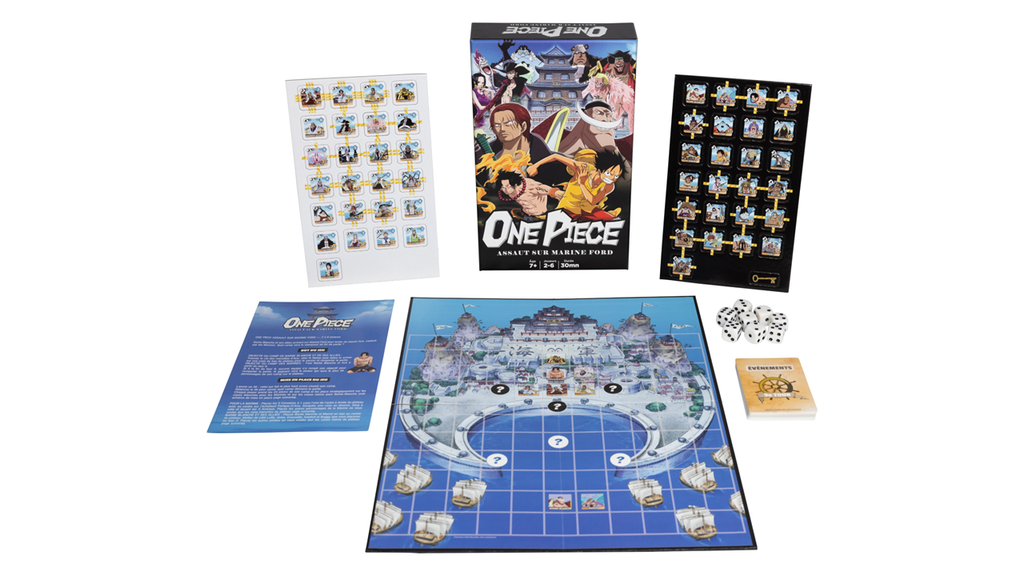 Vue de la boîte éclatée du jeu de société One Piece Assaut sur Marine Ford de Topi Games