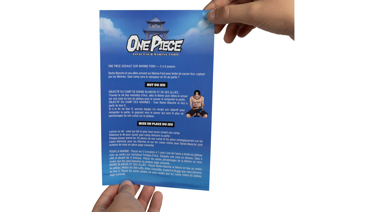 Vue des règles du jeu de société One Piece Assaut sur Marine Ford de Topi Games