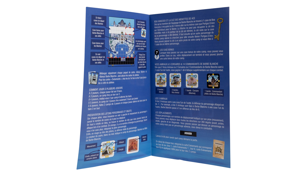 Vue des règles du jeu de société One Piece Assaut sur Marine Ford de Topi Games