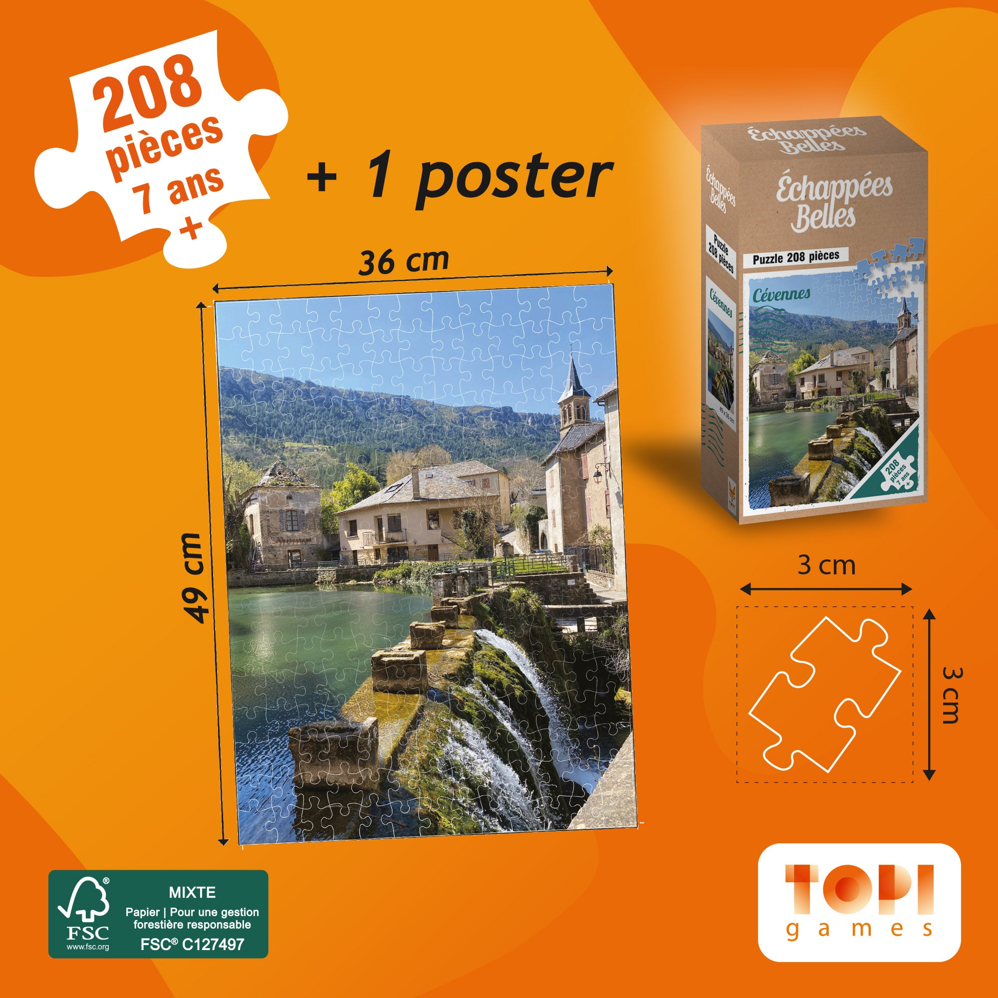 Dimensions du Puzzle et des pièces du Puzzle 208 pièces Echappées Belles - Cévennes