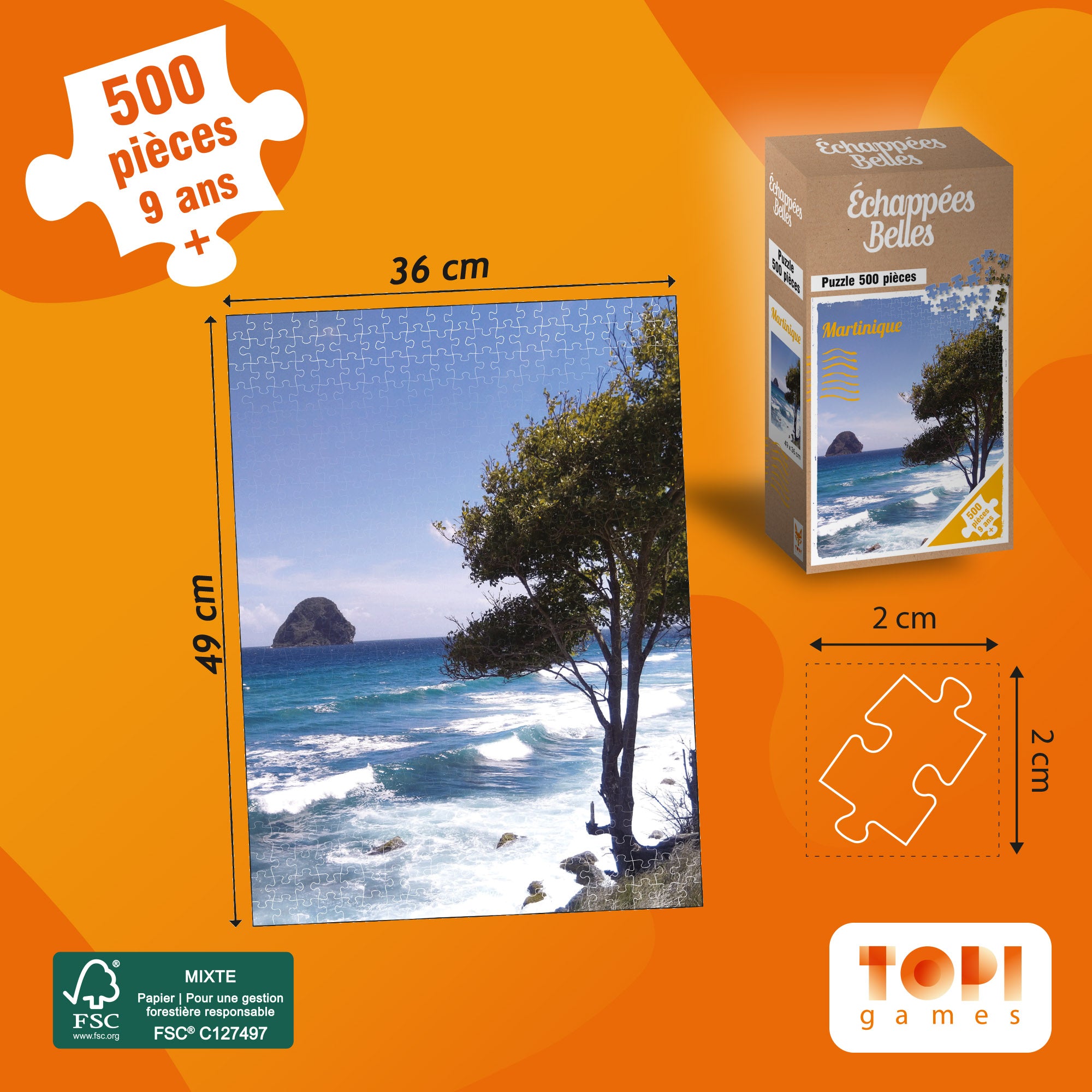 Dimensions des pièces et du Puzzle 500 pièces Echappées Belles - MARTINIQUE