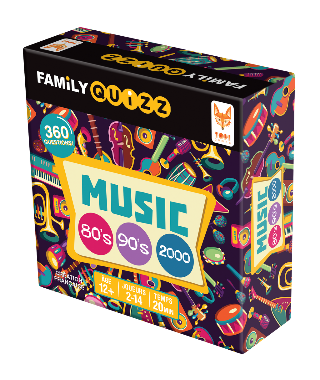 Vue de la boite et d'une des cartes du jeu de société Family Quizz Music