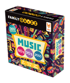 Vue de la boite et d'une des cartes du jeu de société Family Quizz Music