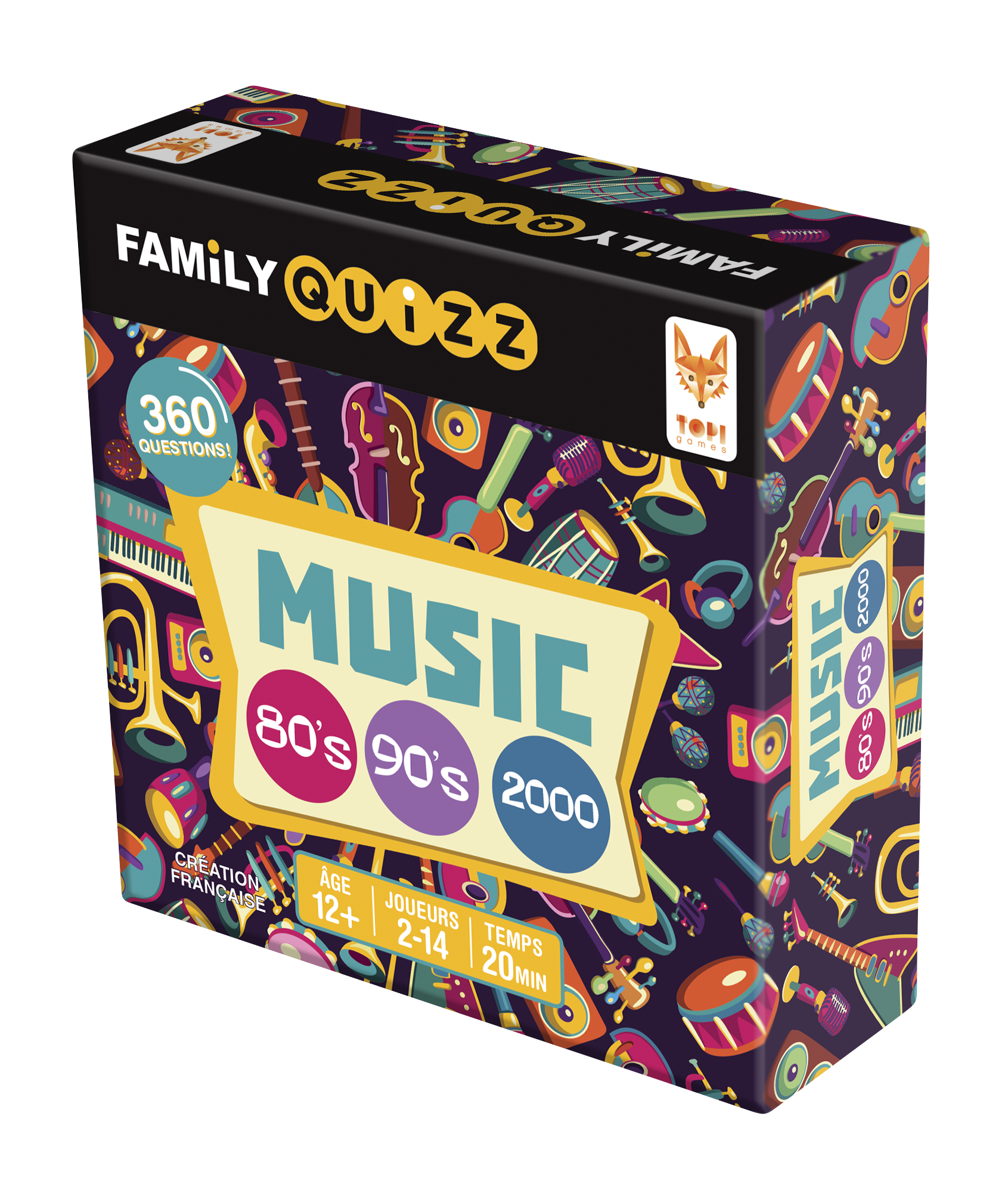 Vue de la boite et d'une des cartes du jeu de société Family Quizz Music