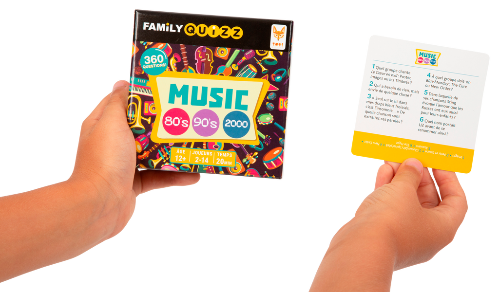 Vue de la boite et d'une des cartes du jeu de société Family Quizz Music