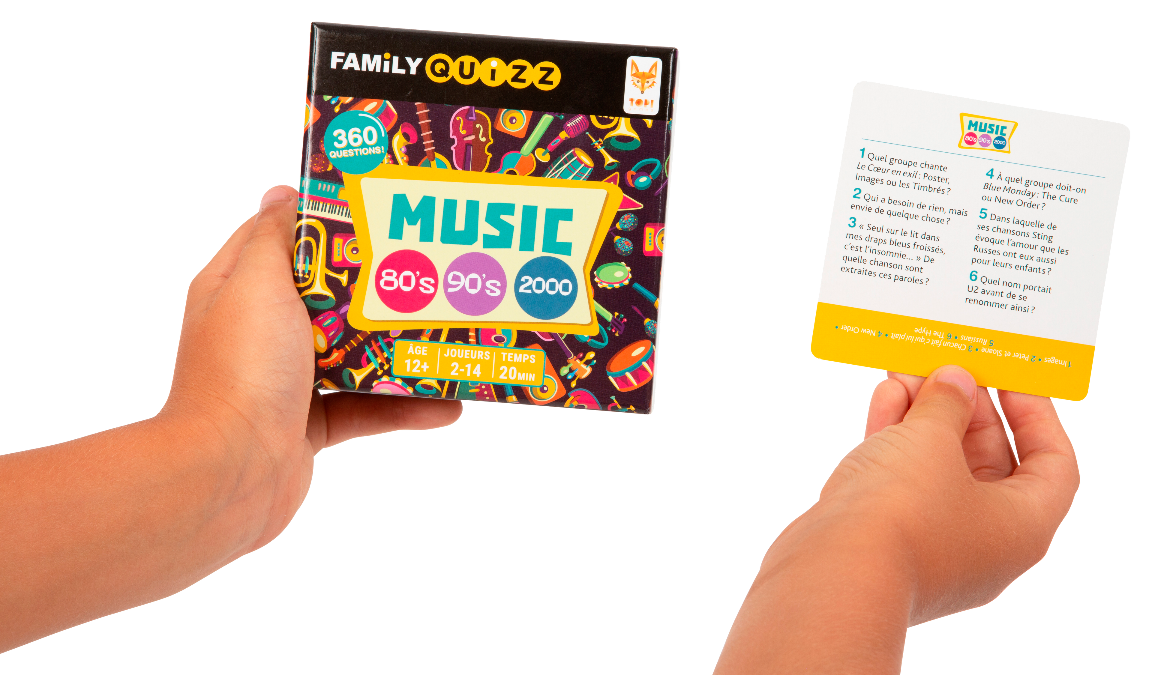 Vue de la boite et d'une des cartes du jeu de société Family Quizz Music