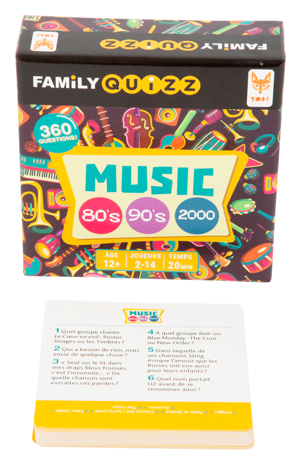 Vue de la boite et des cartes du jeu de société Family Quizz Music