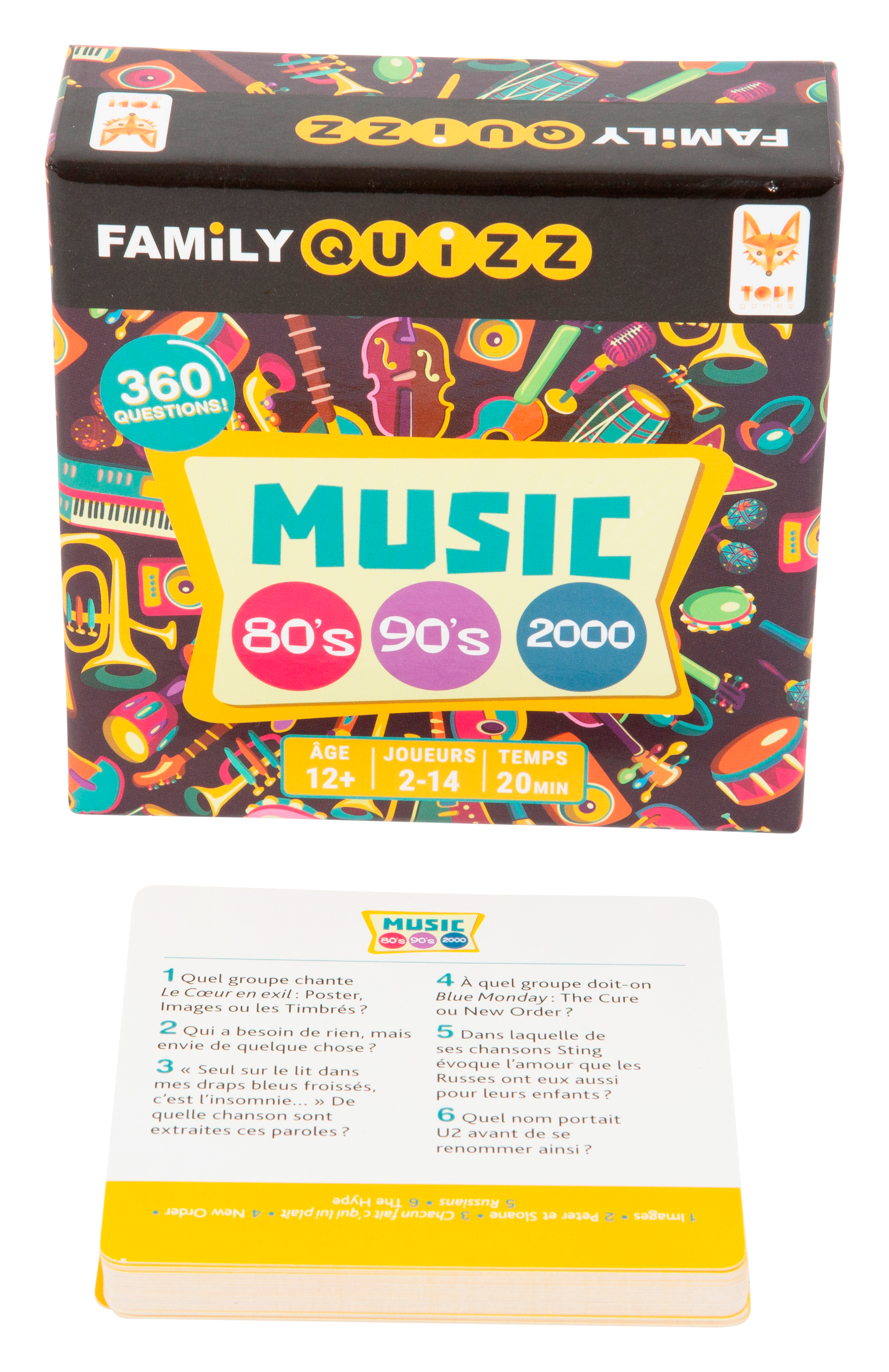 Vue de la boite et des cartes du jeu de société Family Quizz Music