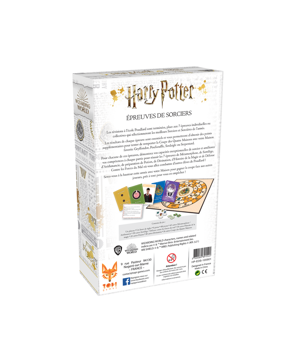Arrière de la boîte du jeu de société Harry Potter - Epreuves de sorciers de Topi Games