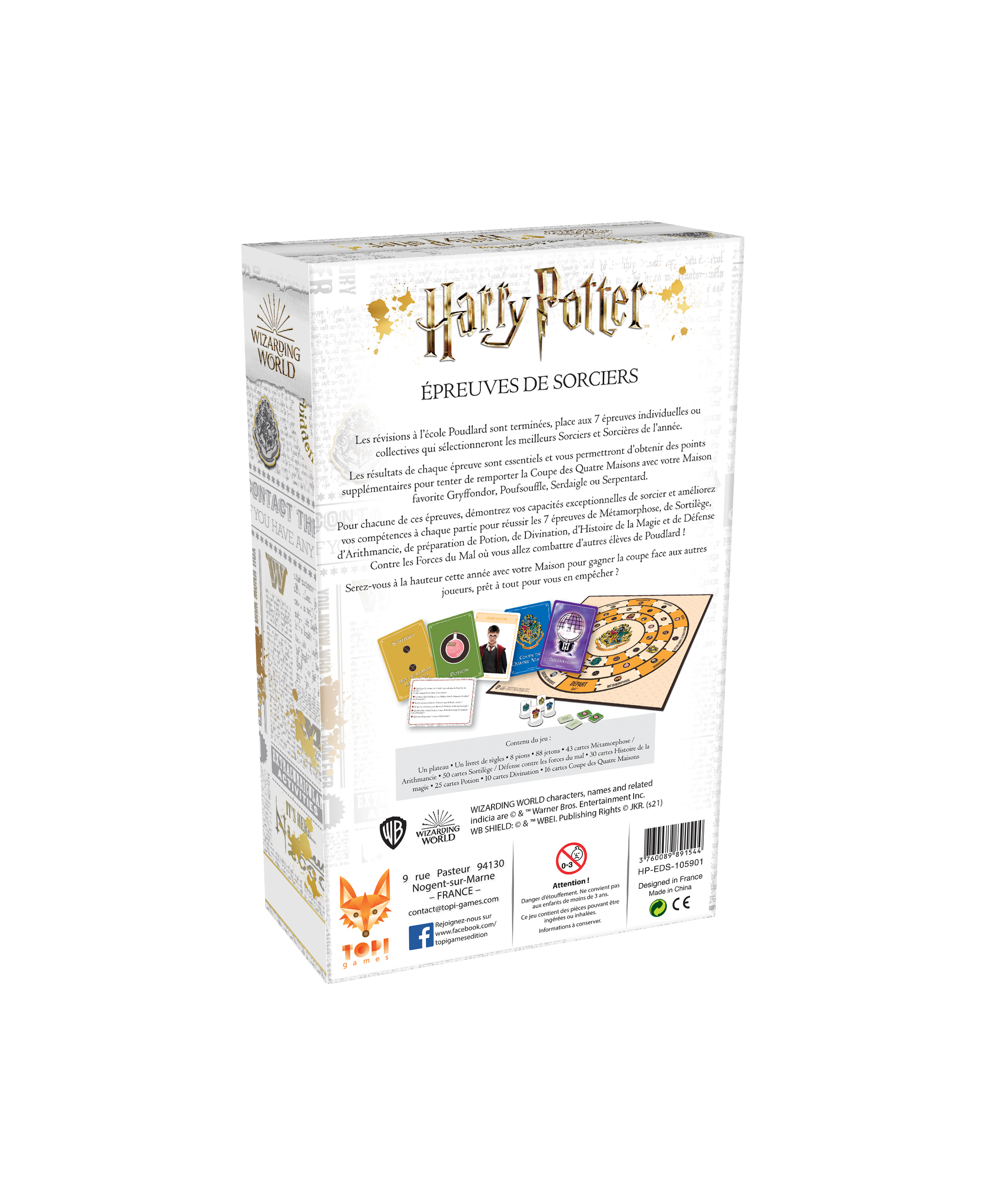 Arrière de la boîte du jeu de société Harry Potter - Epreuves de sorciers de Topi Games