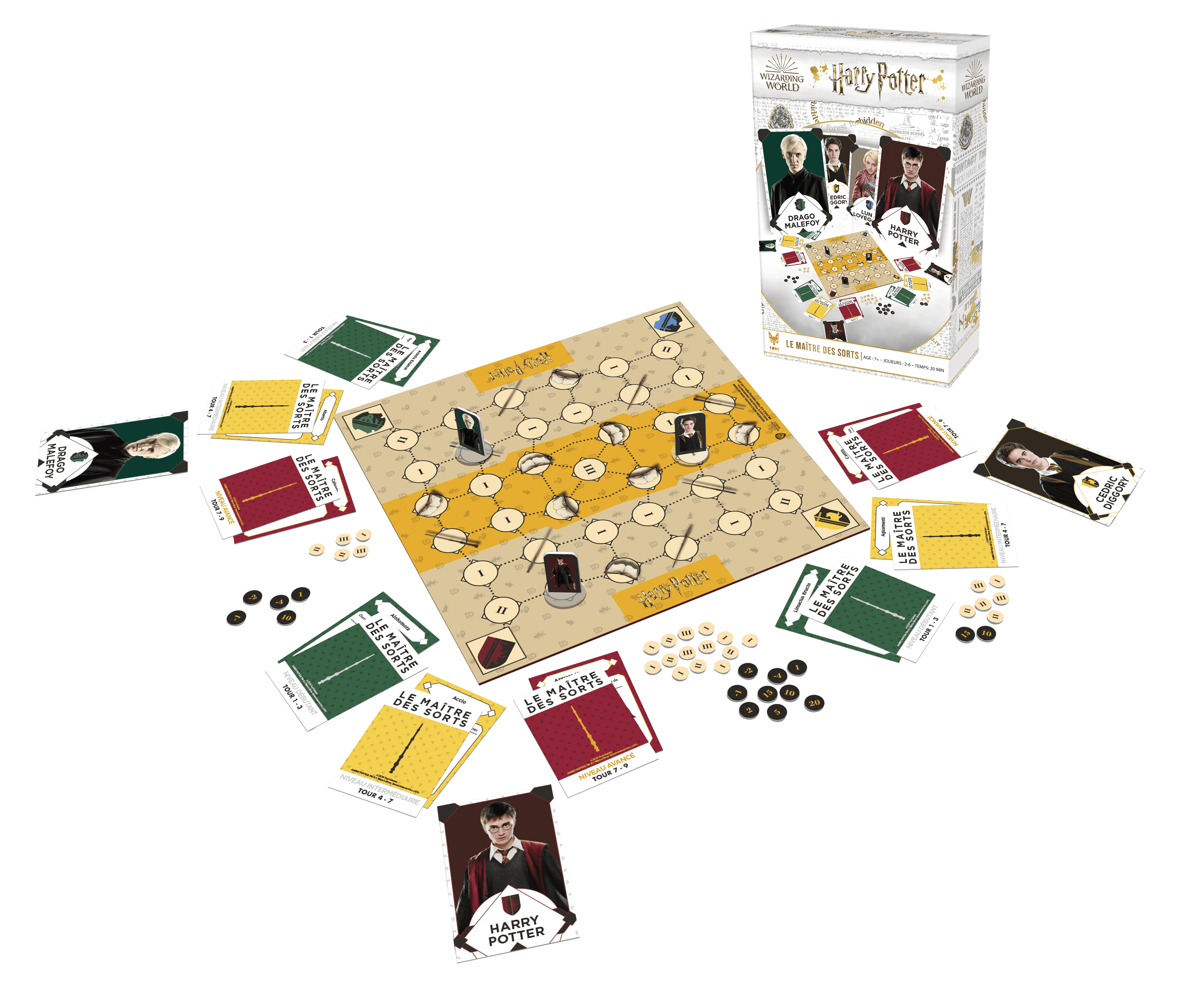 Jeu de société Harry Potter Le Maitre des Sorts avec vue éclatée du contenu de la boîte