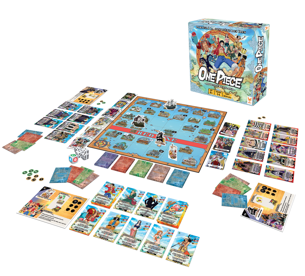 Boîte du jeu One Piece – Adventure Island avec plateau, cartes, dés et pions représentant les personnages et îles emblématiques de l’univers One Piece.