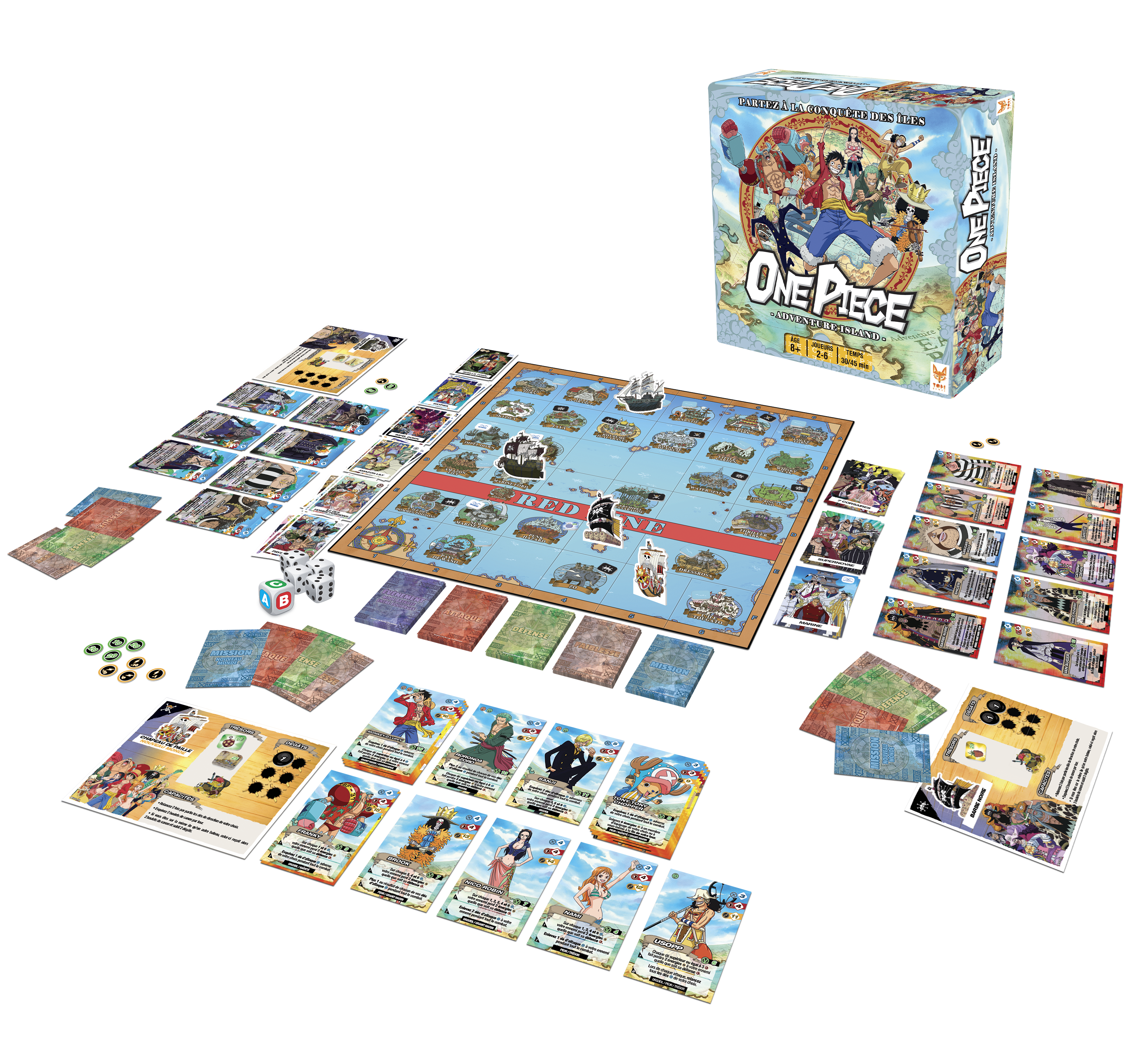 Boîte du jeu One Piece – Adventure Island avec plateau, cartes, dés et pions représentant les personnages et îles emblématiques de l’univers One Piece.