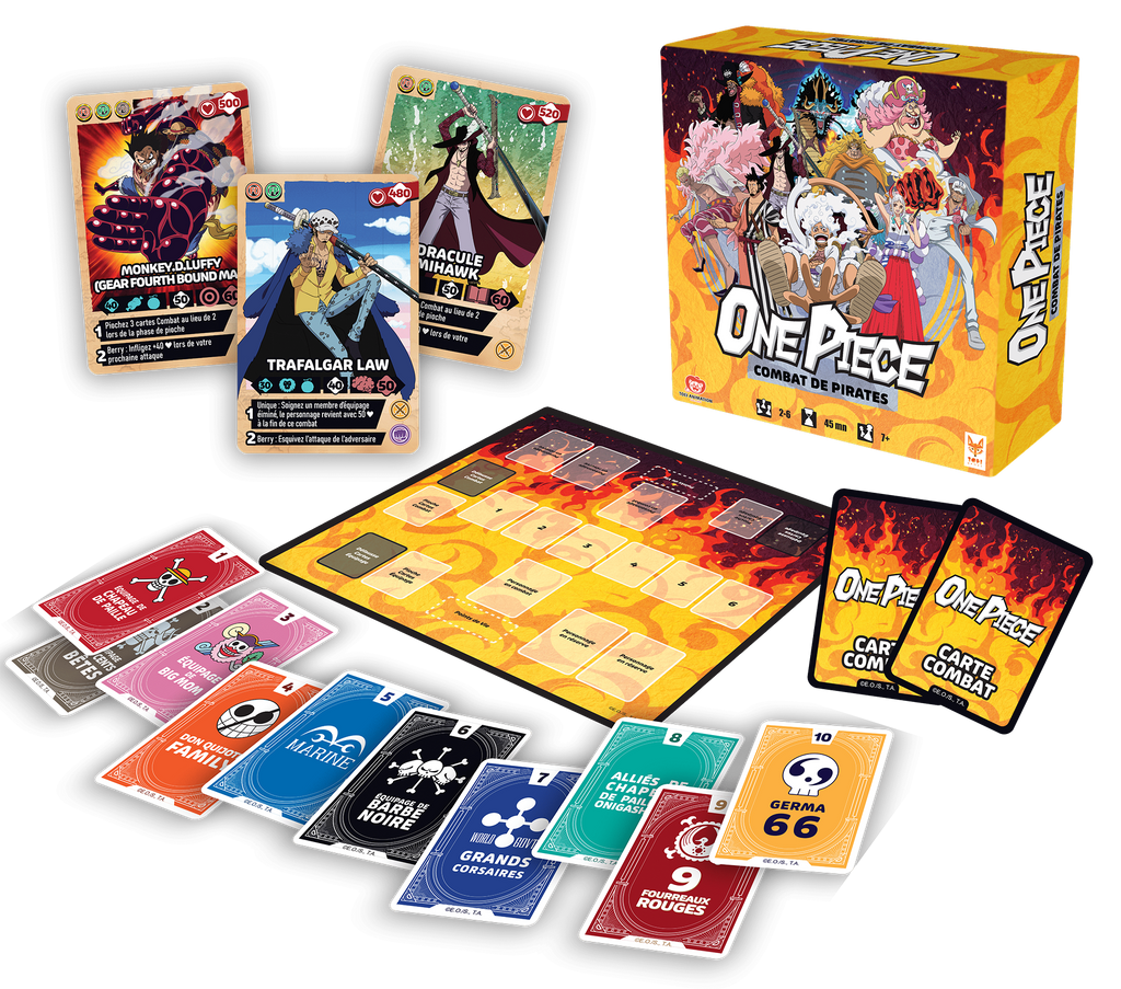Boîte du jeu One Piece – Combat de Pirates avec plateau, cartes de personnages, cartes de combat et factions emblématiques de l’univers One Piece, dans un jeu de deck-building stratégique.