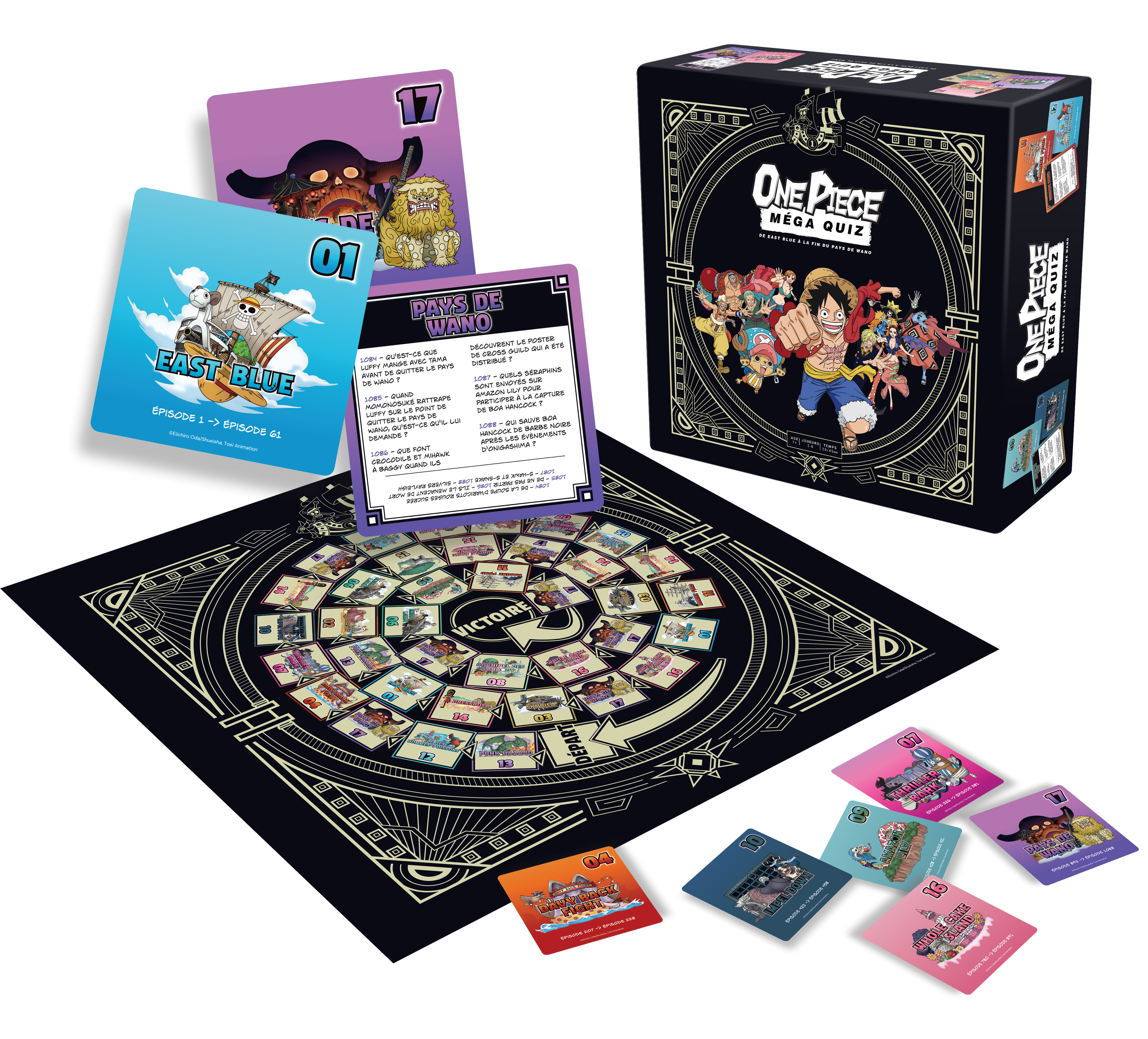 Boîte du jeu One Piece - Méga Quiz avec plateau, cartes et questions couvrant les 17 arcs de l’anime.