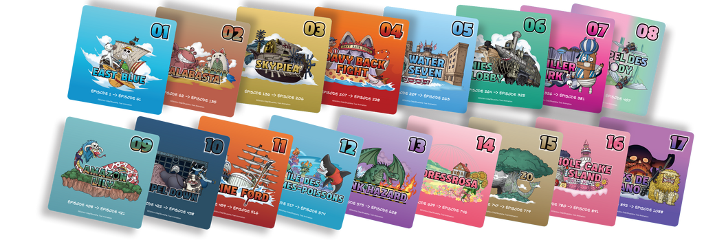 Vue des cartes du jeu de société One Piece - Méga Quiz