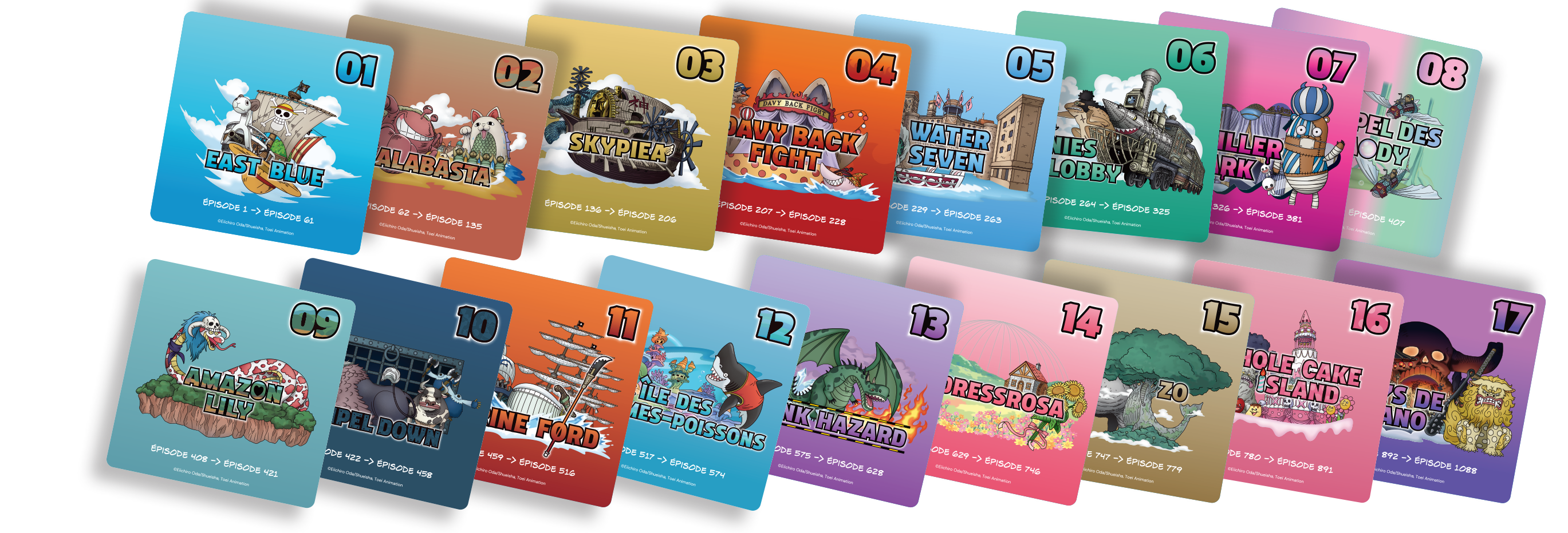 Vue des cartes du jeu de société One Piece - Méga Quiz