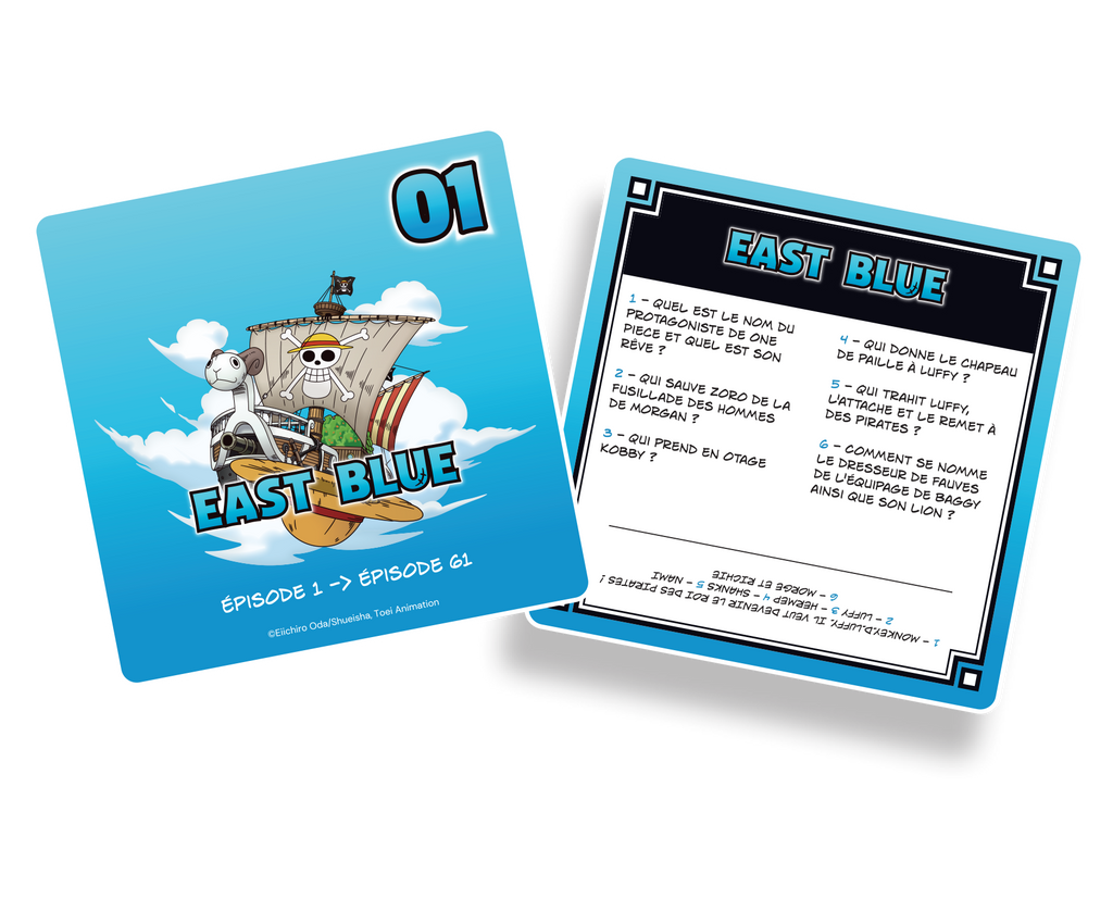 Vue des cartes du jeu de société One Piece - Méga Quiz