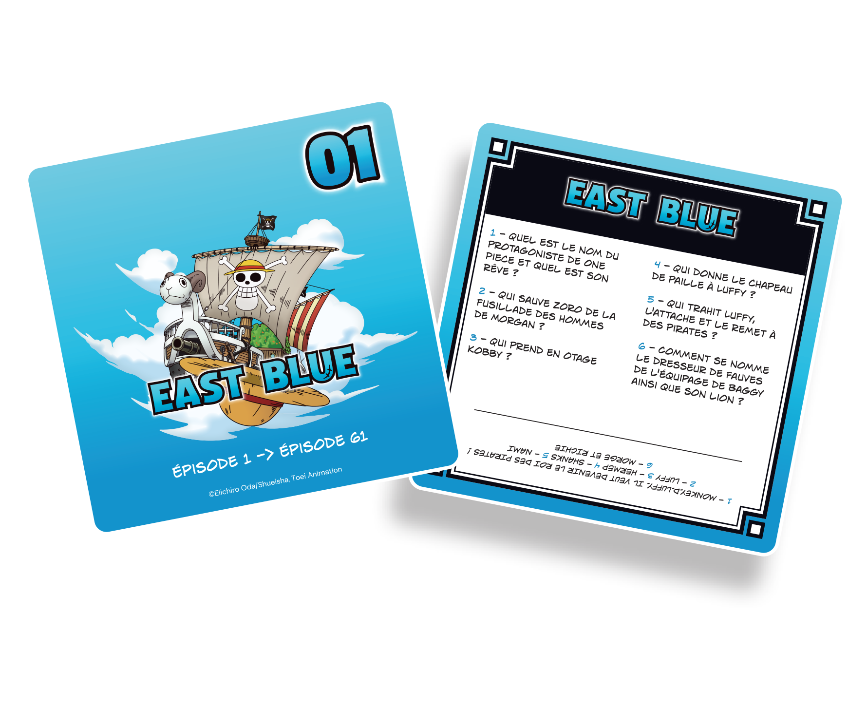 Vue des cartes du jeu de société One Piece - Méga Quiz