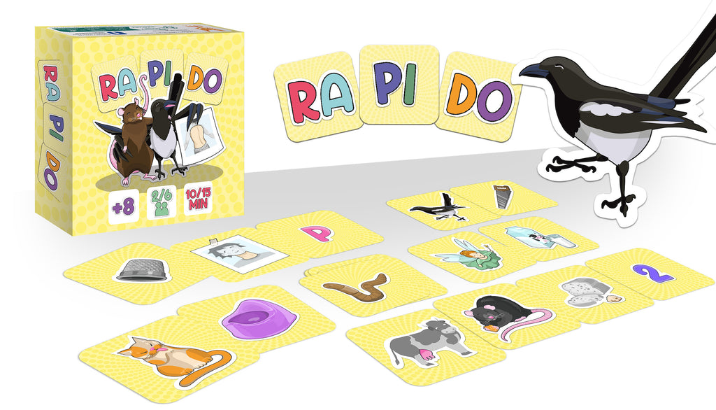 Vue de la boîte et des cartes du jeu de société Rapido Enfants Topi Games