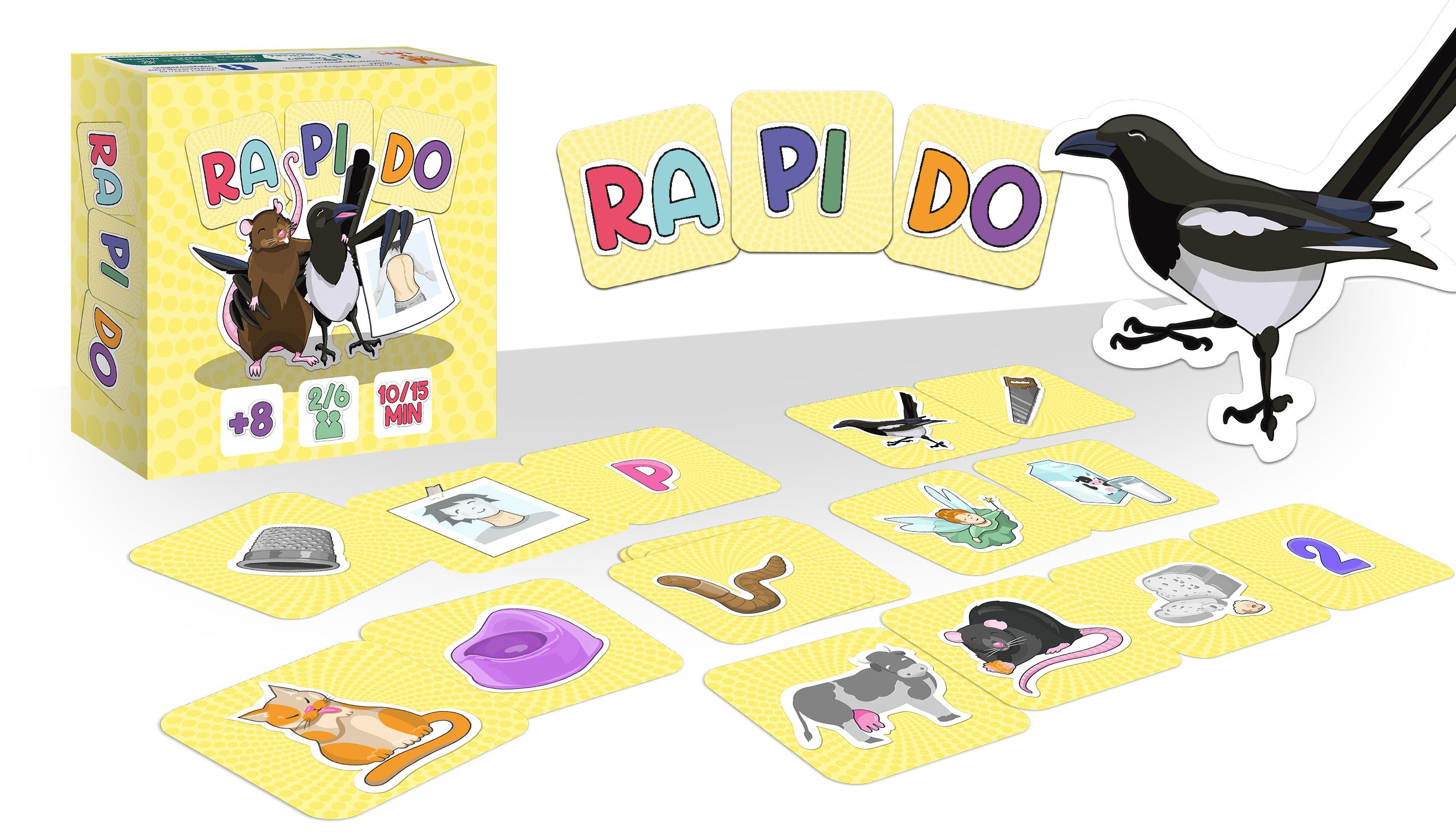 Vue de la boîte et des cartes du jeu de société Rapido Enfants Topi Games