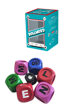 Vue de la boîte et des dés du jeu de société Rollword de Topi Games