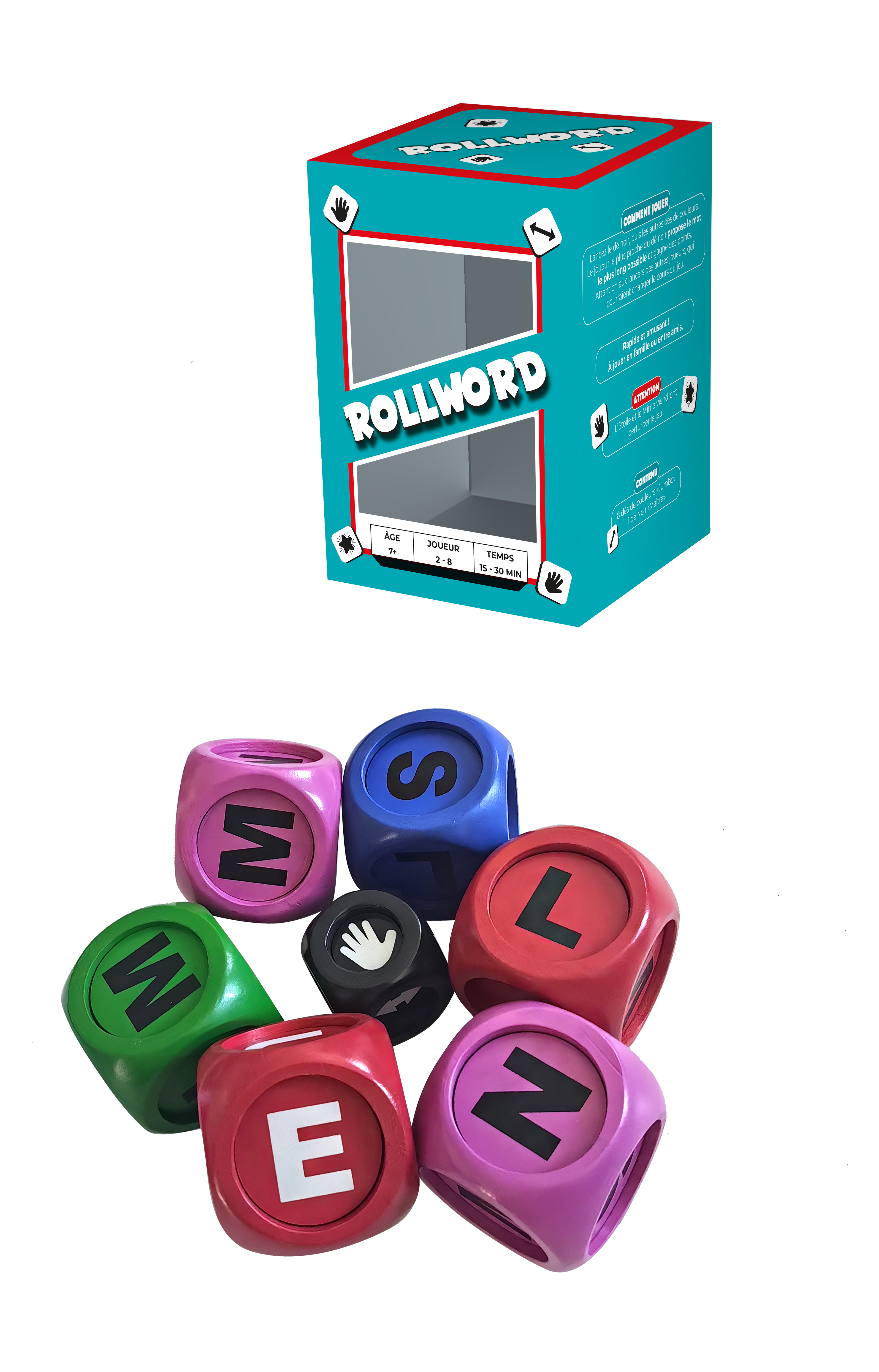 Vue de la boîte et des dés du jeu de société Rollword de Topi Games