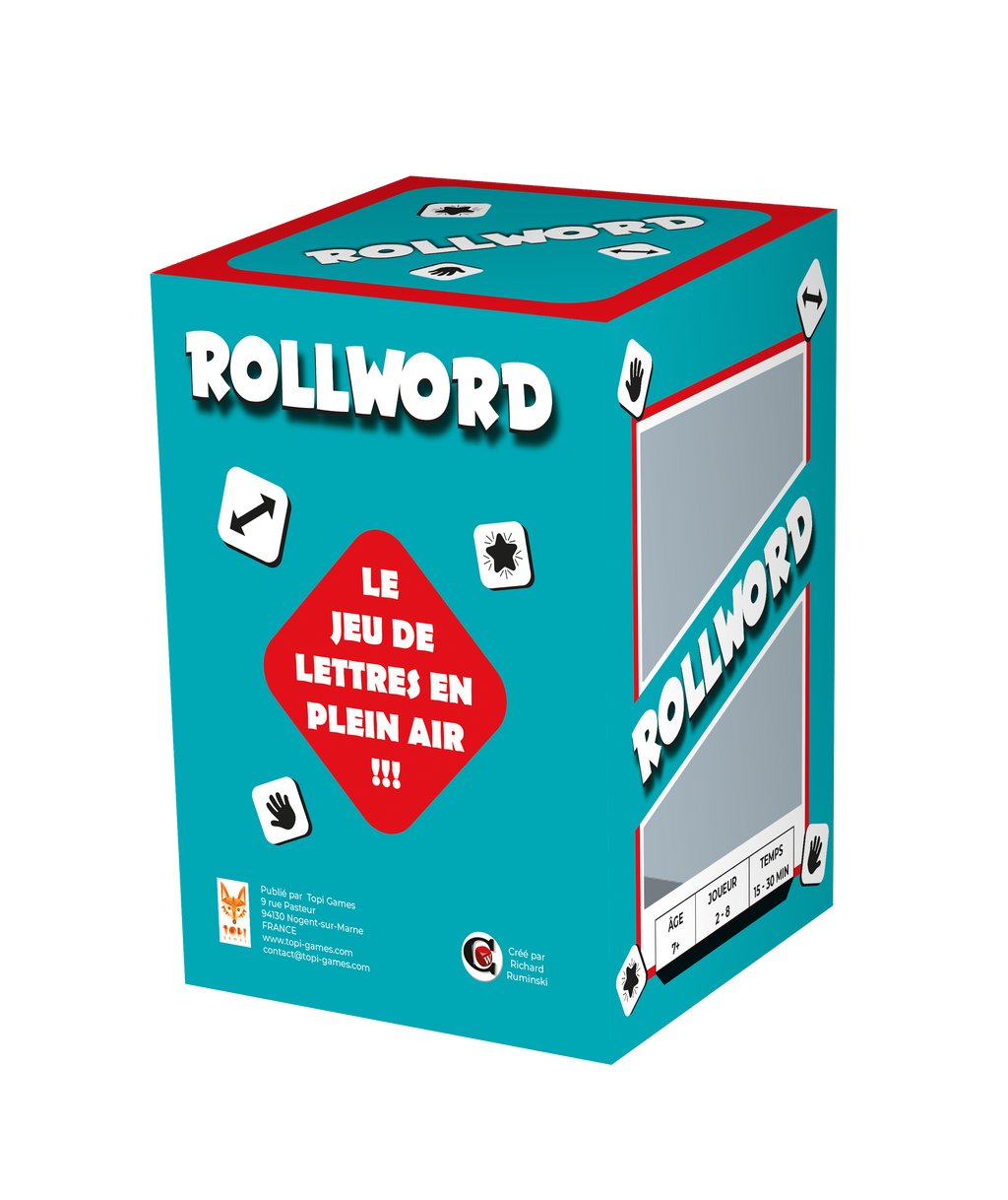 Vue de la boîte et des dés du jeu de société Rollword de Topi Games
