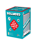 Vue de la boîte et des dés du jeu de société Rollword de Topi Games