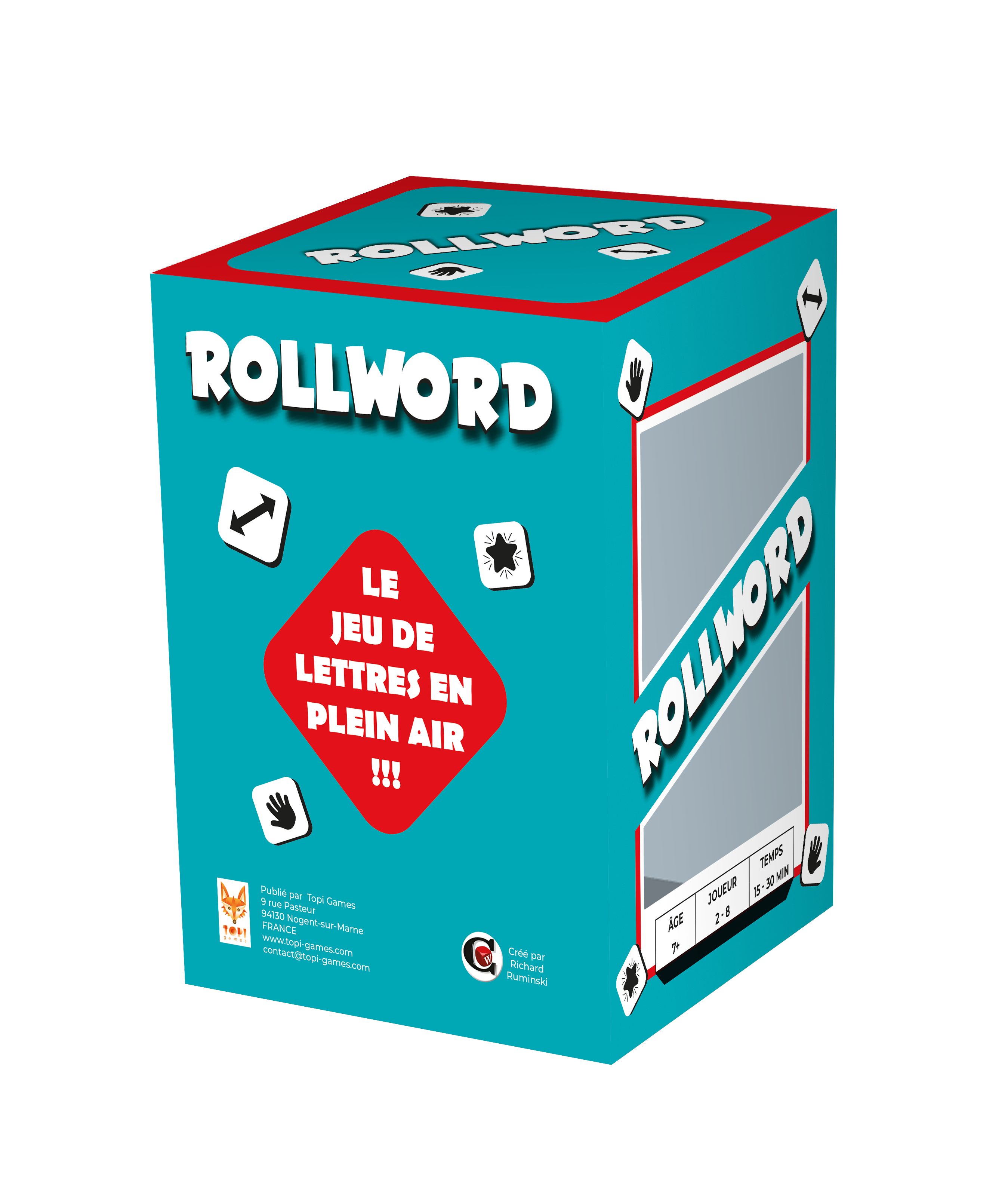 Vue de la boîte et des dés du jeu de société Rollword de Topi Games