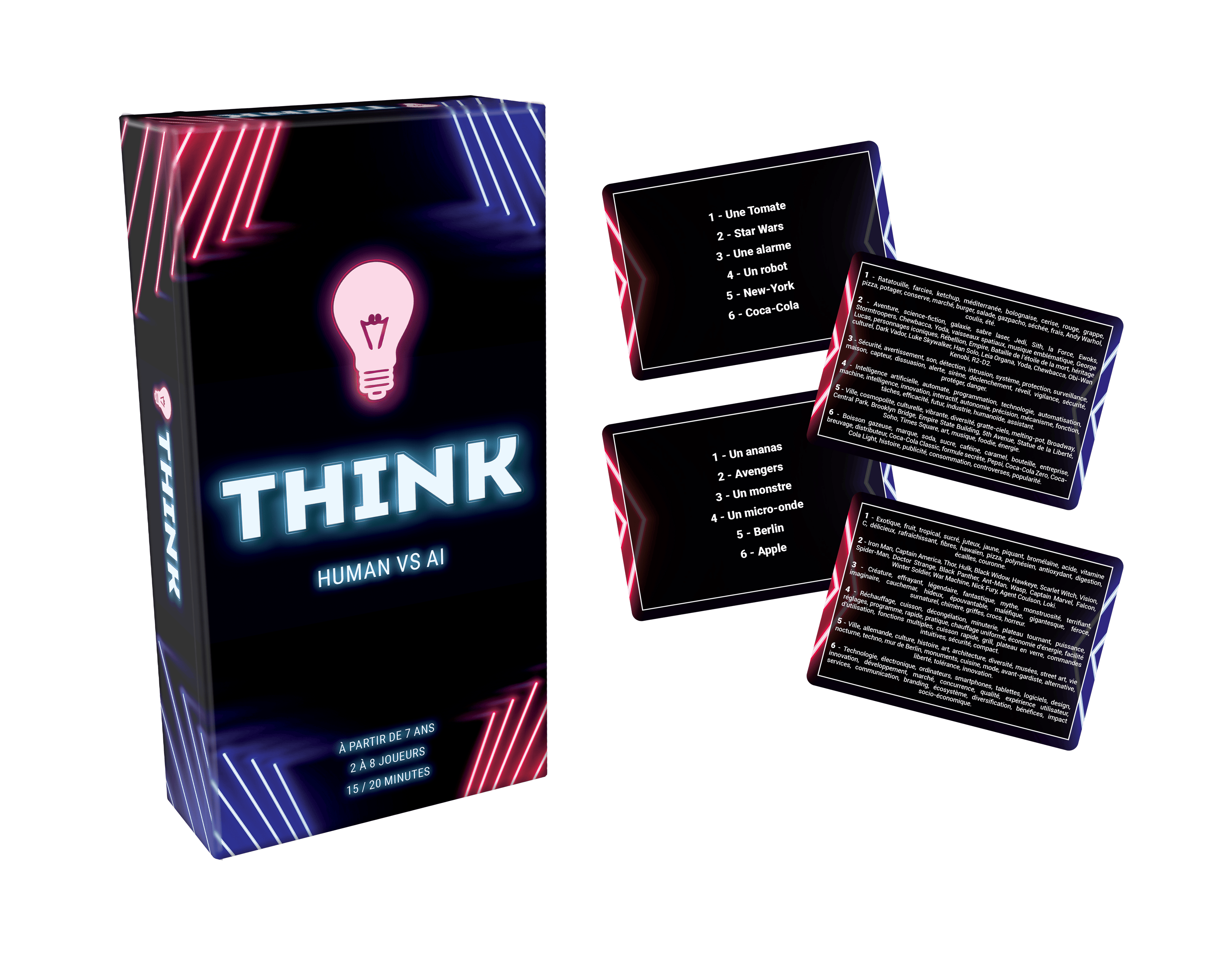 Vue de la boîte et des cartes du jeu de société Think - Topi Games