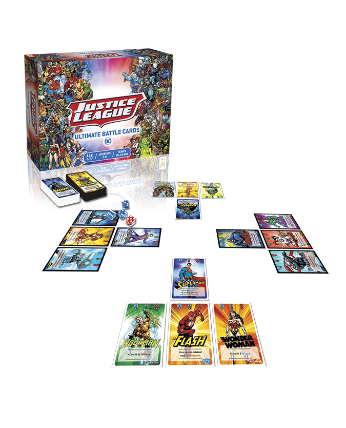 Vue éclatée du eu de société Justice League - Ultimate Battle Cards