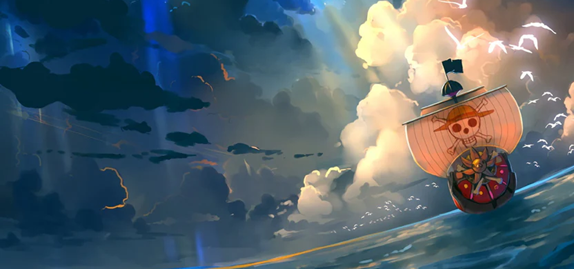 le bateau de one piece sur la mer avec un ciel nuageux