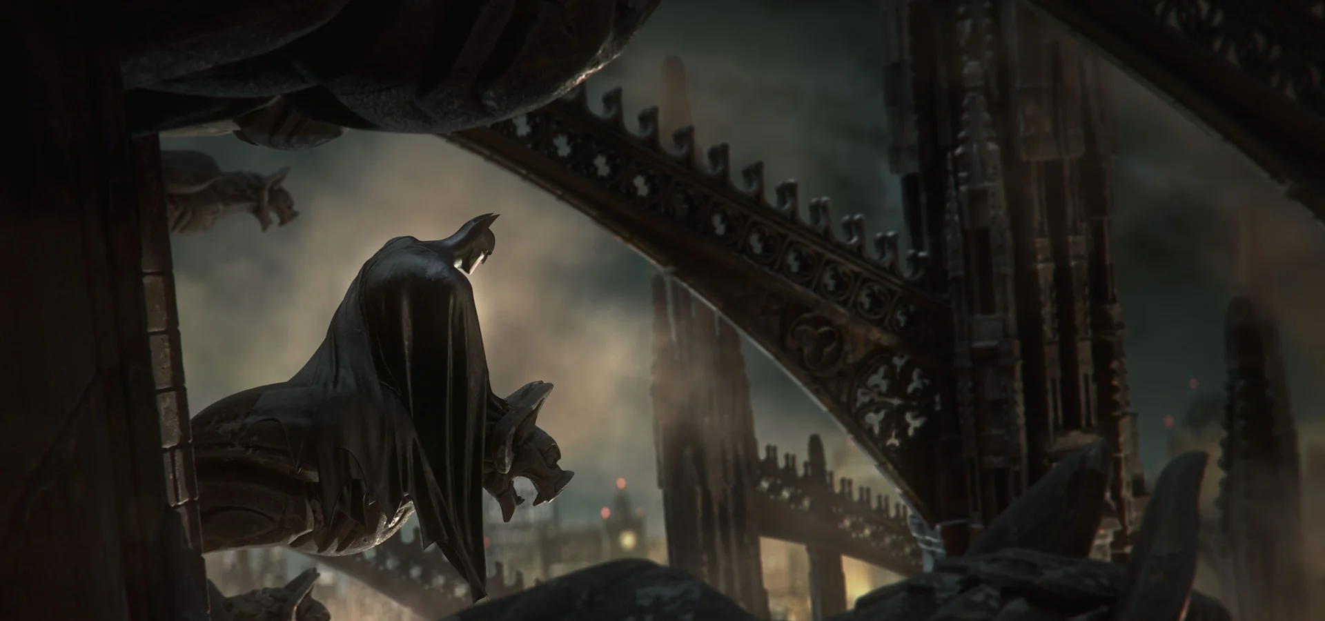batman assis sur une gargouille en haut d'une église, regardant vers le bas, image sombre