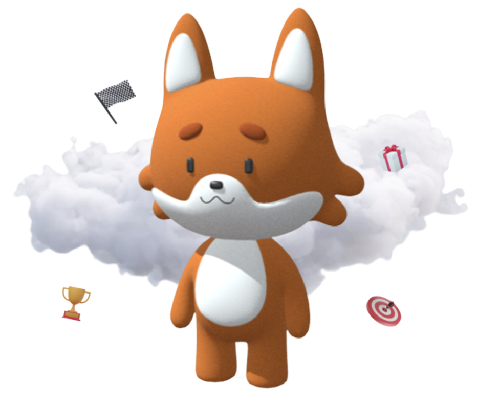 illustration 3D d'un renard orange devant un nuage blanc et des petits pictogrammes flottants autour