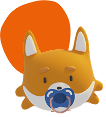 illustration d'une tete de renard en 3D avec une tétine et un fond circulaire orange