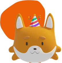 illustration d'une tete de renard en 3D avec un chapeau pointu et un fond circulaire orange