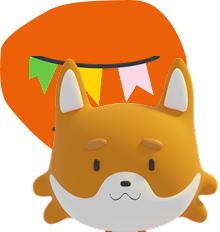 illustration d'une tete de renard en 3D avec des fanions et un fond circulaire orange