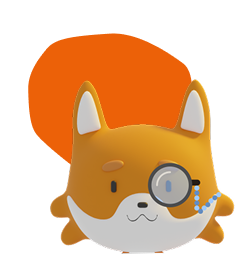 illustration d'une tete de renard en 3D avec un monocle et un fond circulaire orange