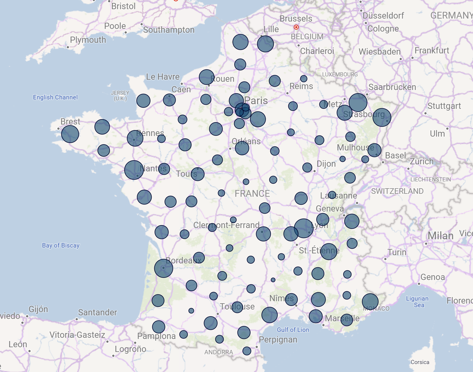carte de france avec points bleus sur les lieux de distribution