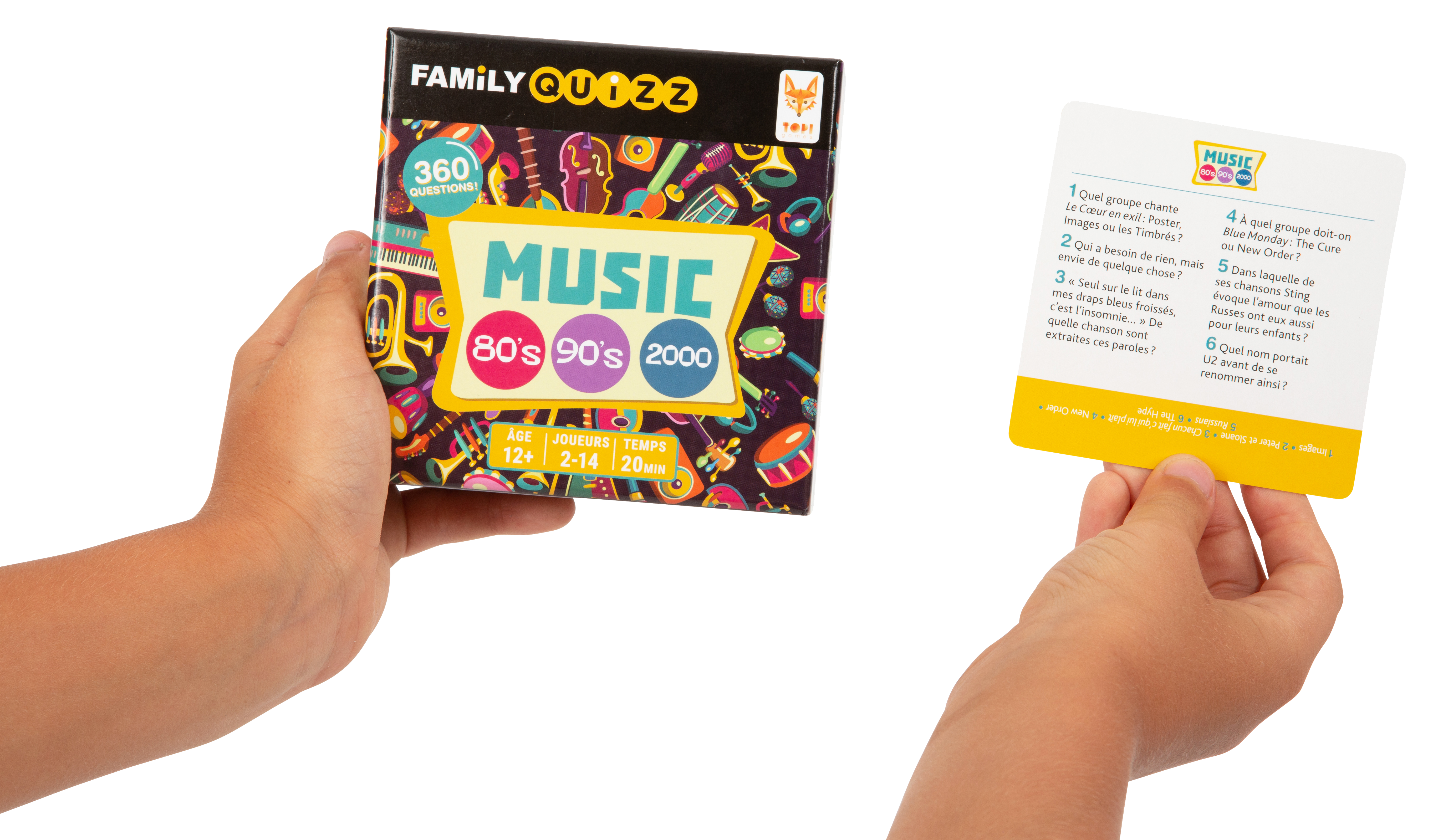 Vue de la boite et d'une des cartes du jeu de société Family Quizz Music