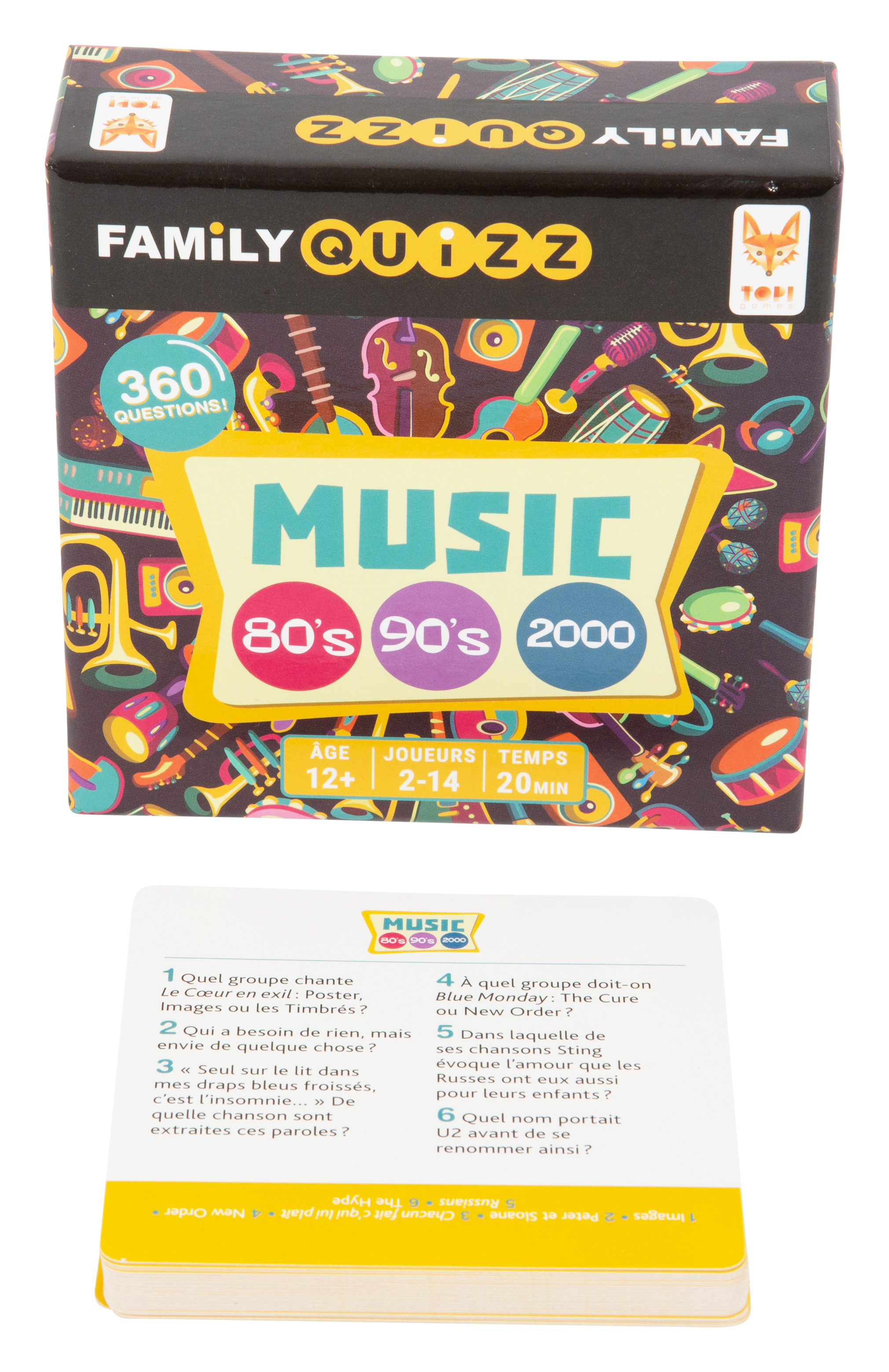 Boite du jeu de société Family Quizz Music et une des cartes