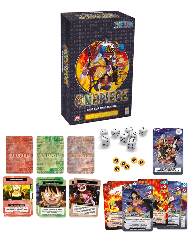 Boîte du jeu One Piece - Raid sur Onigashima avec cartes de combat, dés et jetons représentant les personnages emblématiques de l’univers One Piece.