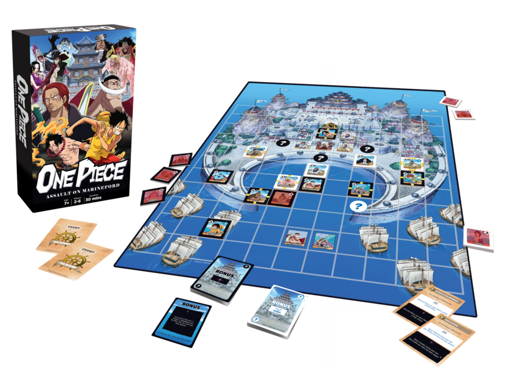 One Piece – Assault on Marineford board game with box, game board, character cards, event cards, and dice.