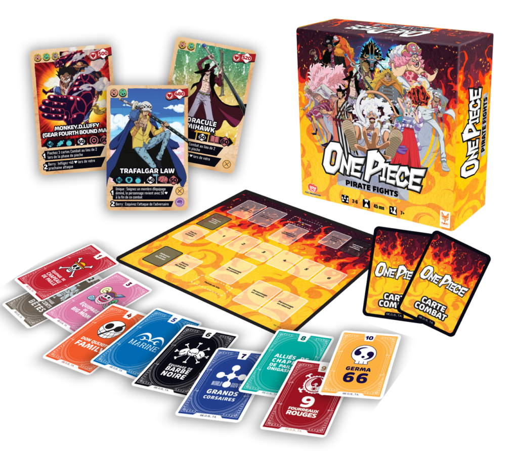 One Piece Pirate Fights card game box with various colorful cards displayed on a table.